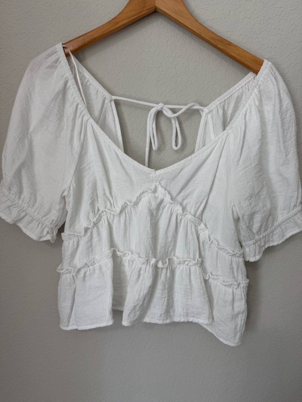 KIRIOUS White Puff Sleeve Crop Top Boho Babydoll Ruffle Blouse Size L - Picture 3 of 10